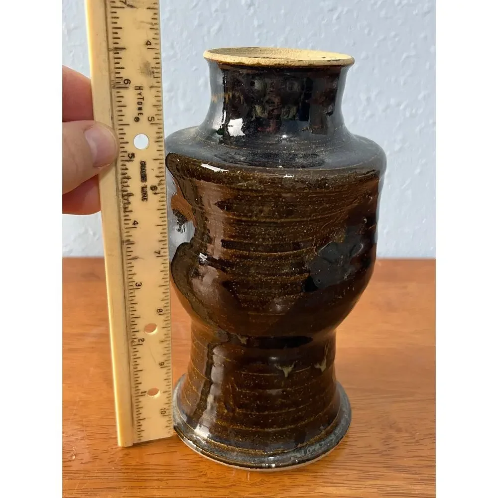 VTG Art Pottery Vase Hand Thrown Brown Glazed Stoneware Signed